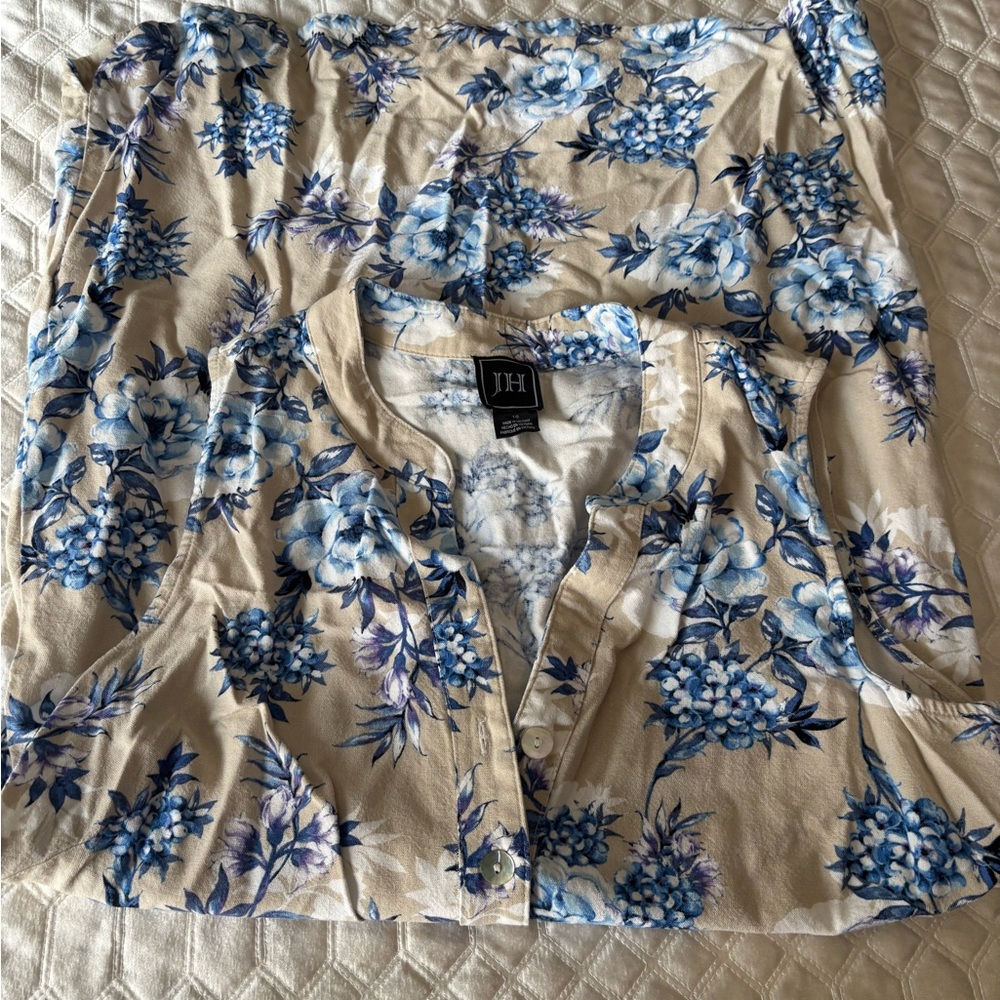 JH Linen Beige and Blue Floral Midi Dress